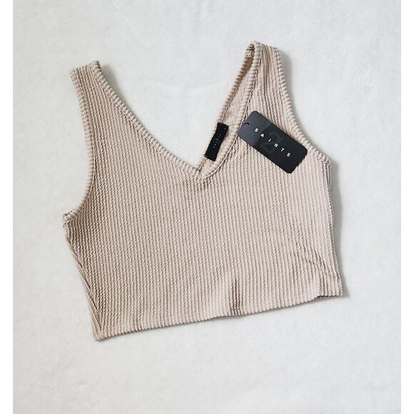 NWT tan ribbed v-neck crop top - Picture 1 of 2